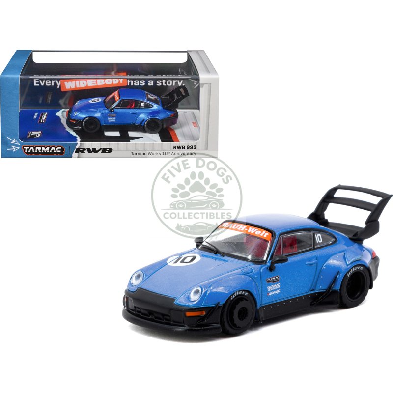 rwb 993 rhd (right hand drive) #10 "tarmac works 10th anniversary" blue metallic "hobby64" series 1/64 diecast model car by tarmac works