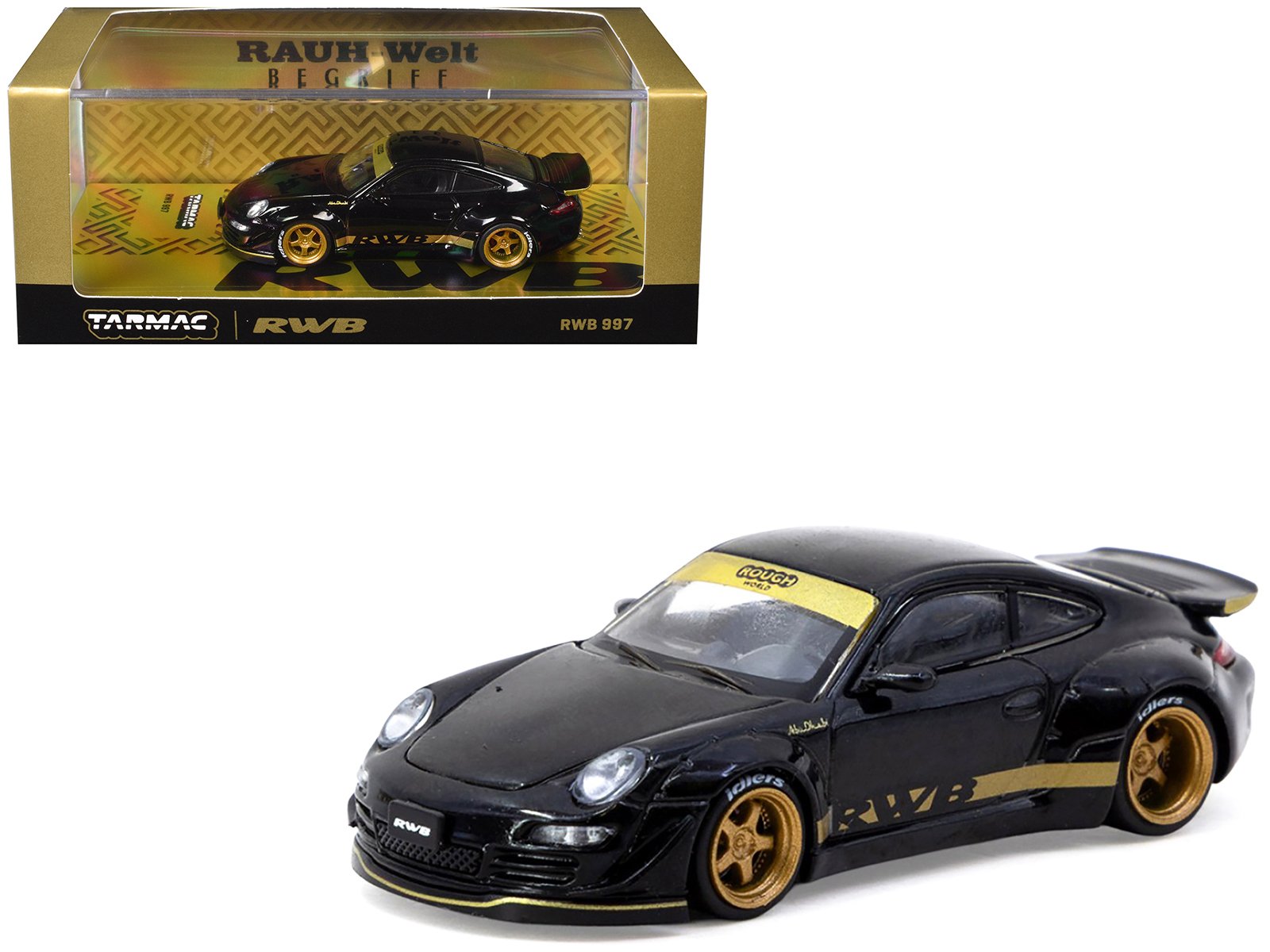 rwb 997 black with gold wheels and stripes "hobby64" series 1/64 diecast model car by tarmac works rwb 997 black with gold wheels and stripes "hobby64" series 1/64 diecast model car by tarmac works