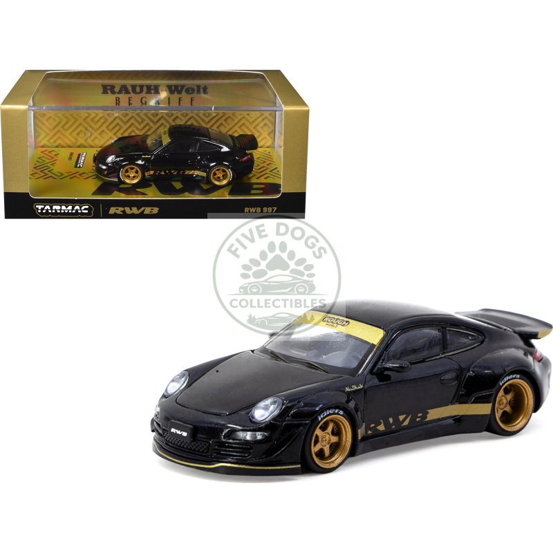 rwb 997 black with gold wheels and stripes "hobby64" series 1/64 diecast model car by tarmac works