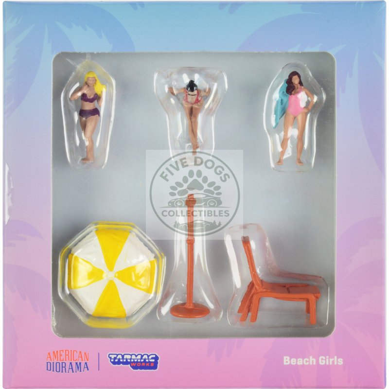 "beach girls" 5 piece diecast figure set (3 female figures and 2 beach accessories) for 1/64 scale models by tarmac works & american diorama