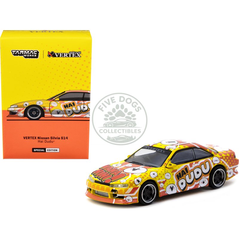 nissan silvia (s14) vertex rhd (right hand drive) "hai dudu imx special edition" yellow and orange with graphics "global64" series 1/64 diecast model by tarmac works
