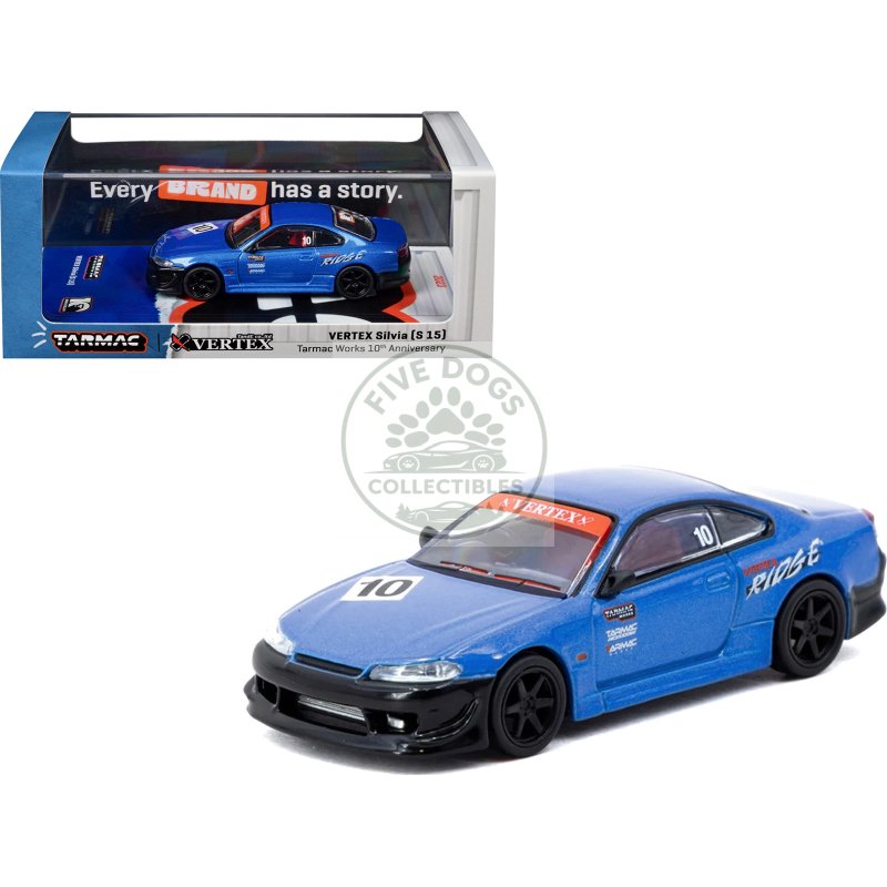 nissan vertex silvia (s15) rhd (right hand drive) #10 "tarmac works 10th anniversary" blue metallic "global64" 1/64 diecast model car by tarmac works