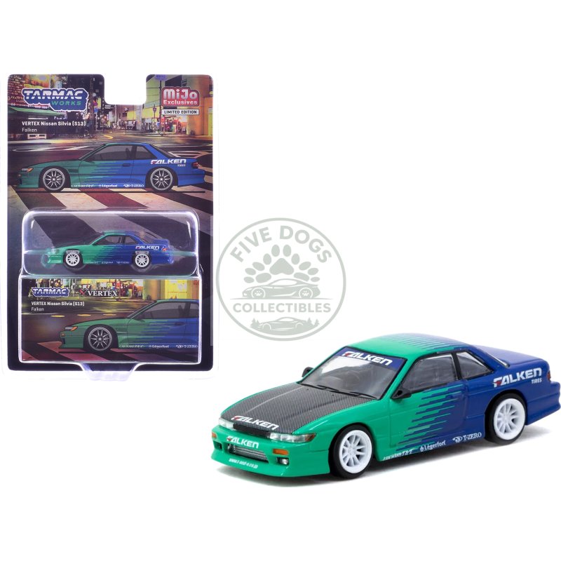 nissan silvia (s13) vertex rhd (right hand drive) "falken tires" green and blue wuth carbon hood "global64" series 1/64 diecast model by tarmac works