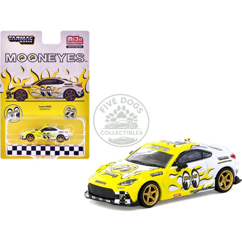 toyota gr86 rhd (right hand drive) "mooneyes" white with yellow flames and graphics "global64" series 1/64 diecast model by tarmac works