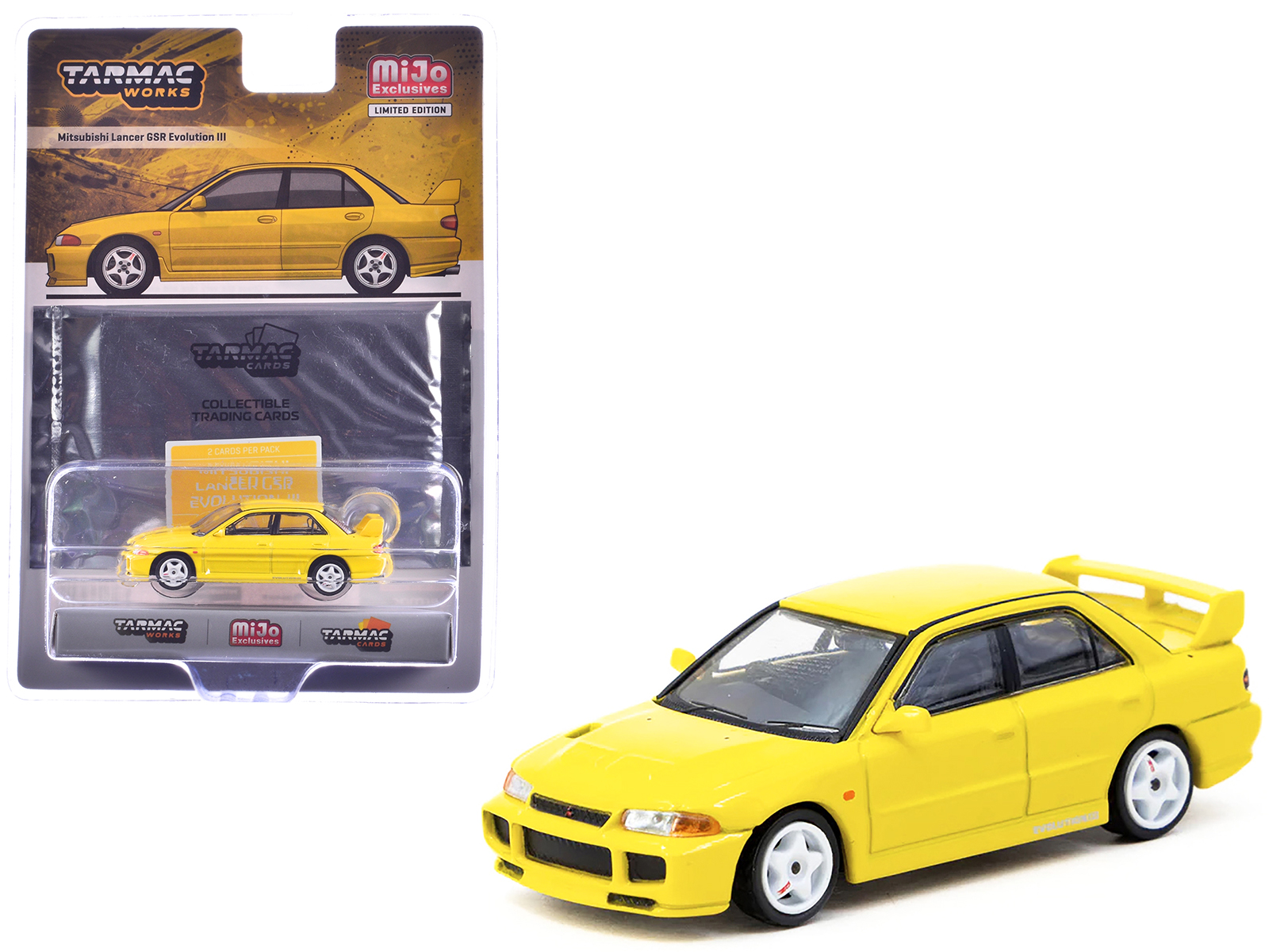 mitsubishi lancer gsr evolution iii rhd (right hand drive) yellow with tarmac cards "global64" series 1/64 diecast model by tarmac works mitsubishi lancer gsr evolution iii rhd (right hand drive) yellow with tarmac cards "global64" series 1/64 diecast model by tarmac works