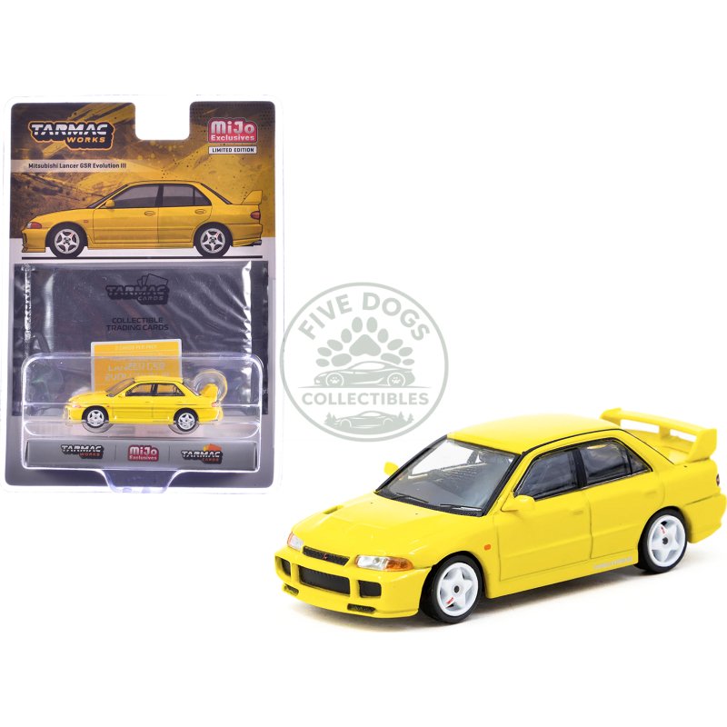 mitsubishi lancer gsr evolution iii rhd (right hand drive) yellow with tarmac cards "global64" series 1/64 diecast model by tarmac works