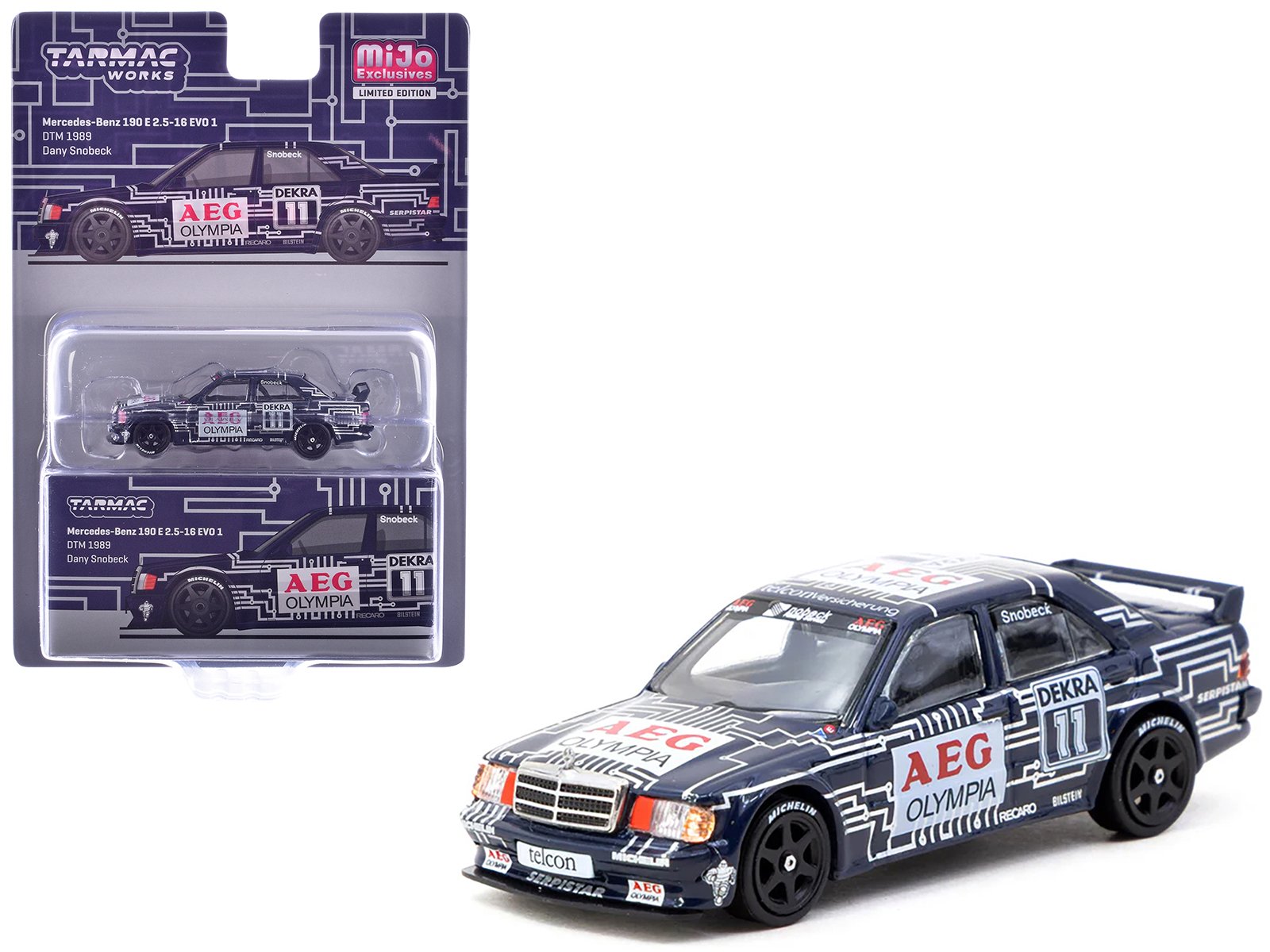 mercedes benz 190 e 2.5 16 evo 1 #11 dany snobeck "deutsche tourenwagen meisterschaft (dtm)" (1989) "global64" series 1/64 diecast model by tarmac works mercedes benz 190 e 2.5 16 evo 1 #11 dany snobeck "deutsche tourenwagen meisterschaft (dtm)" (1989) "global64" series 1/64 diecast model by tarmac works