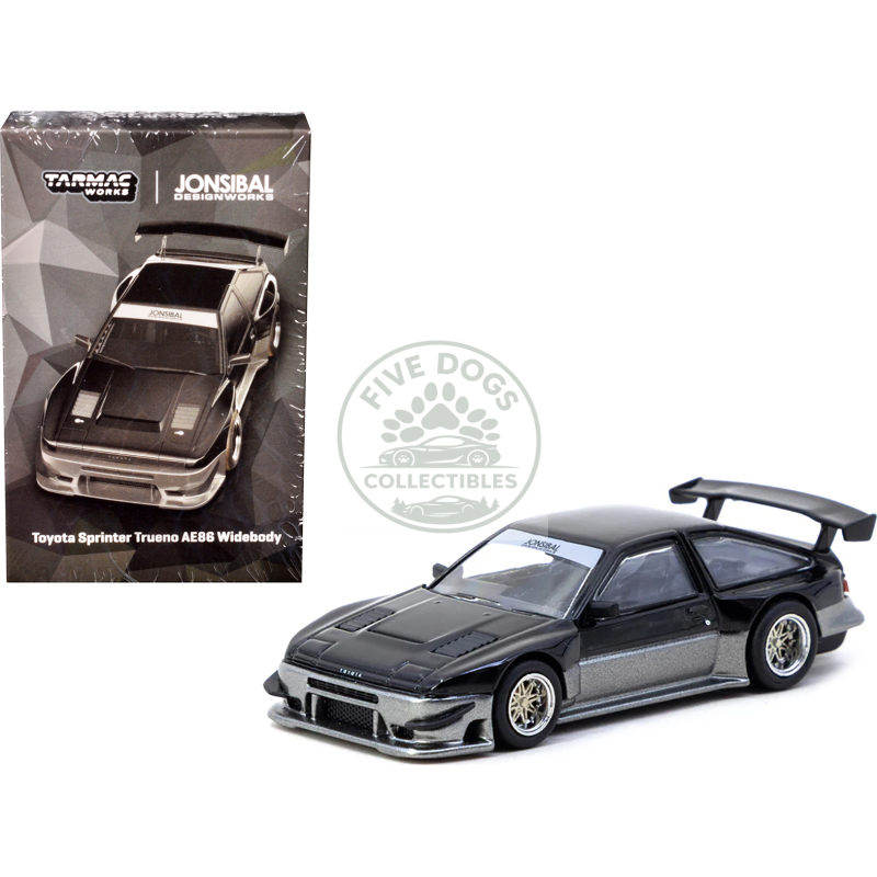 toyota sprinter trueno ae86 widebody rhd (right hand drive) "jonsibal designworks" black and gray metallic "global64" series 1/64 diecast model by tarmac works