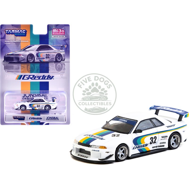 nissan skyline gt r (r32) widebody rhd (right hand drive) #32 "greddy jonsibal designworks" white with stripes "global64" series 1/64 diecast model by tarmac works