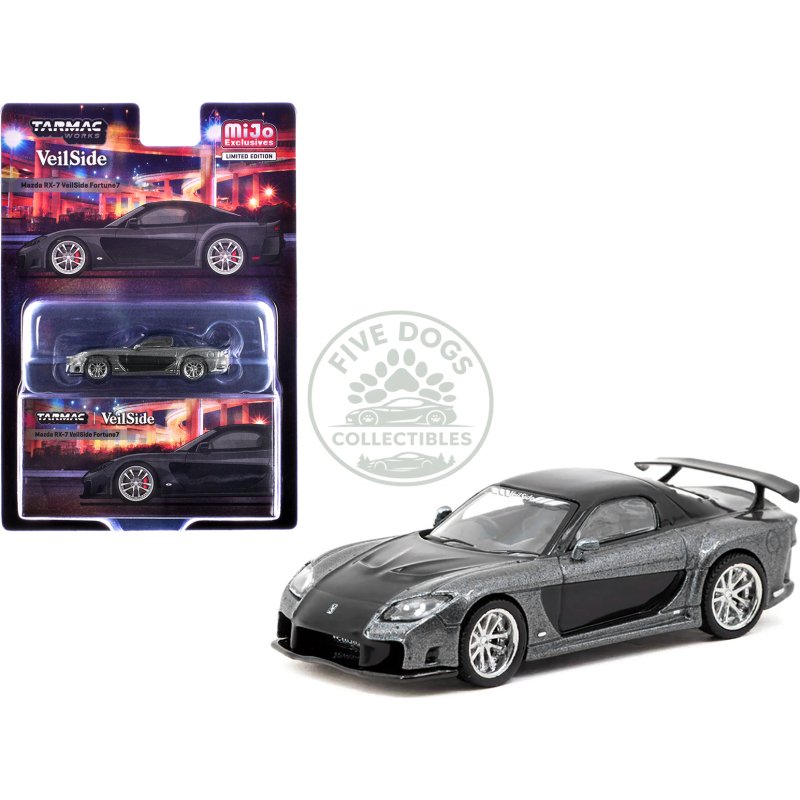 mazda rx 7 "veilside fortune7" rhd (right hand drive) gray metallic and black "global64" series 1/64 diecast model car by tarmac works