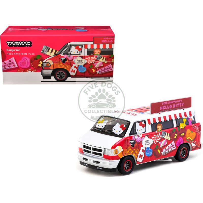 dodge van "hello kitty food truck" white and red with graphics "global64" series 1/64 diecast model by tarmac works