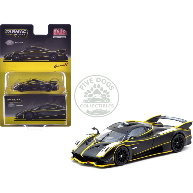 pagani huayra r matt black with silver accents and yellow stripes "global64" series 1/64 diecast model by tarmac works