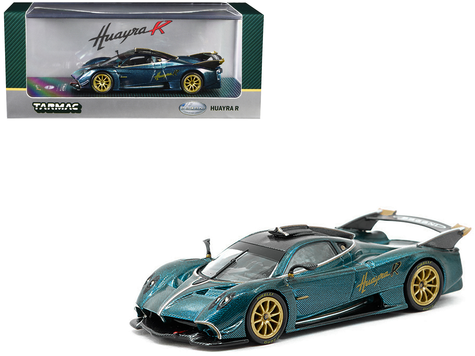 pagani huayra r turquoise carbon fiber with gold wheels "global64" series 1/64 diecast model car by tarmac works pagani huayra r turquoise carbon fiber with gold wheels "global64" series 1/64 diecast model car by tarmac works