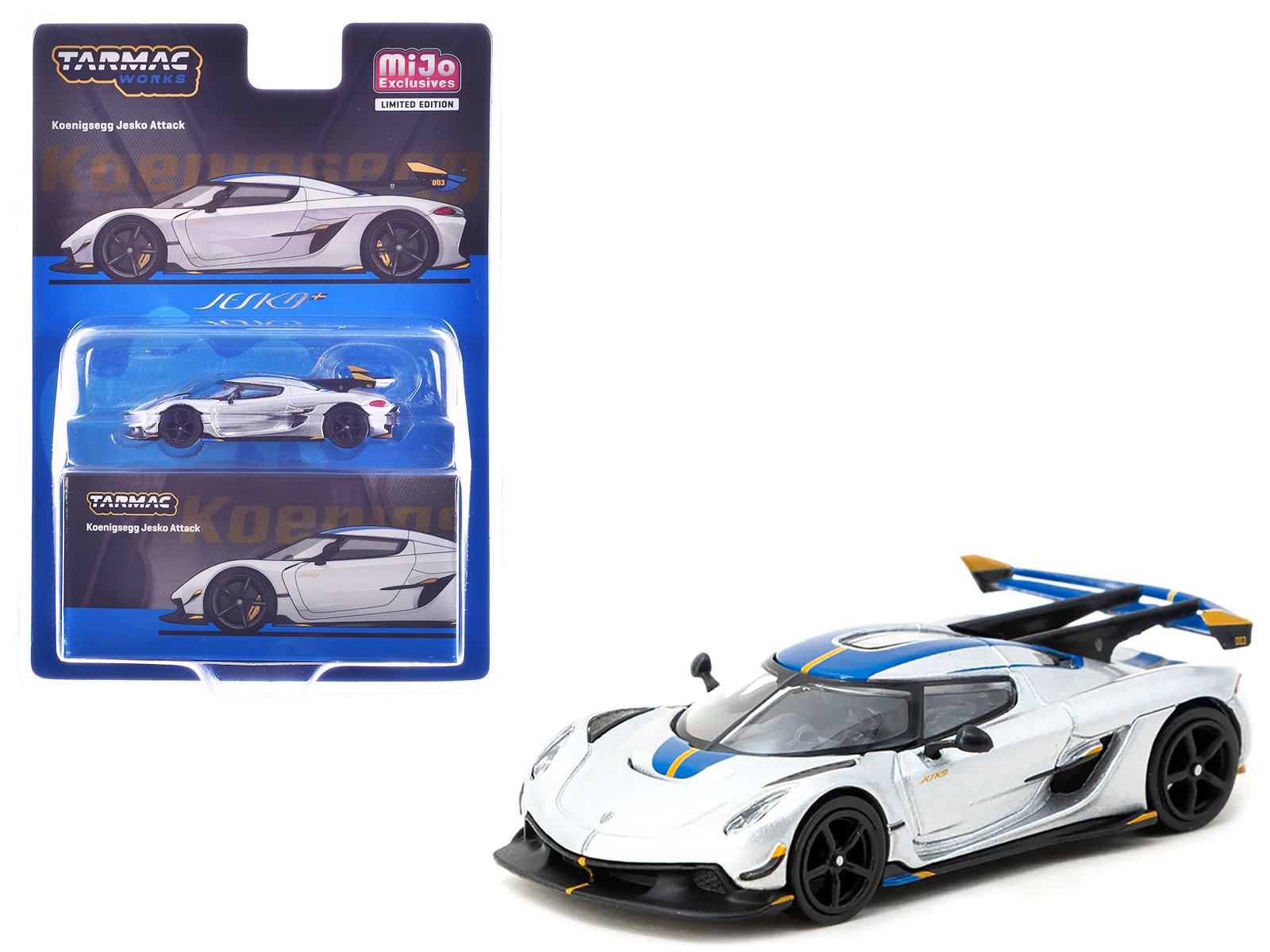 koenigsegg jesko attack silver metallic with blue stripes "global64" series 1/64 diecast model by tarmac works koenigsegg jesko attack silver metallic with blue stripes "global64" series 1/64 diecast model by tarmac works