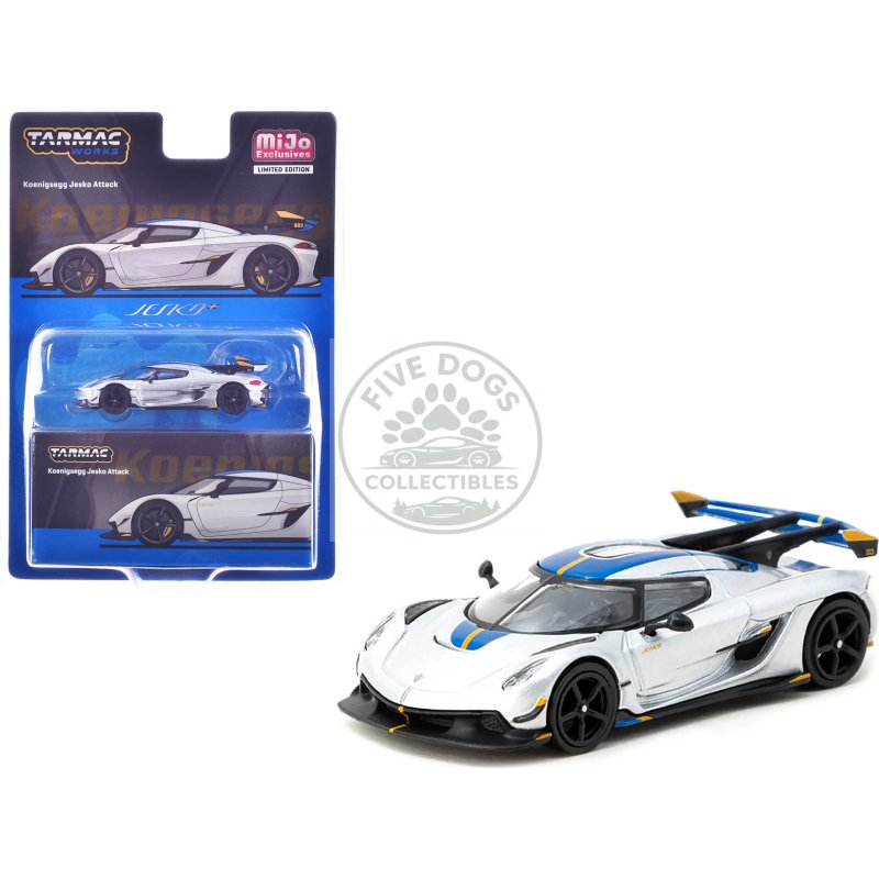 koenigsegg jesko attack silver metallic with blue stripes "global64" series 1/64 diecast model by tarmac works