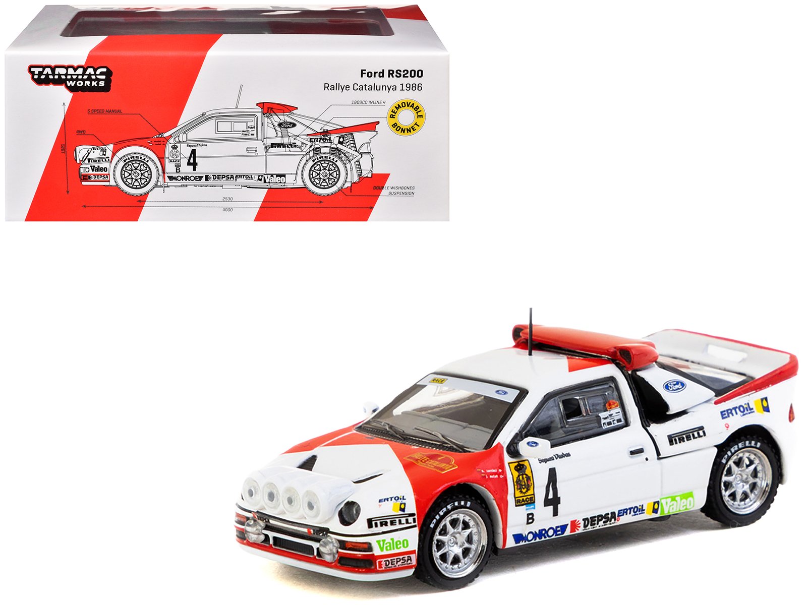ford rs200 #4 antonio zanini josep autet "rallye catalunya" (1986) "hobby64+" series 1/64 diecast model car by tarmac works ford rs200 #4 antonio zanini josep autet "rallye catalunya" (1986) "hobby64+" series 1/64 diecast model car by tarmac works