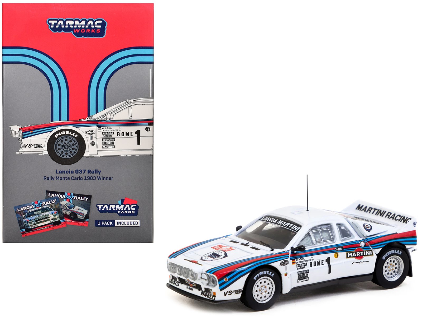 lancia 037 rally #1 walter rohrl christian geistdorfer "martini racing" winner "rallye monte carlo" (1983) "hobby64+" series 1/64 diecast model car by tarmac works lancia 037 rally #1 walter rohrl christian geistdorfer "martini racing" winner "rallye monte carlo" (1983) "hobby64+" series 1/64 diecast model car by tarmac works