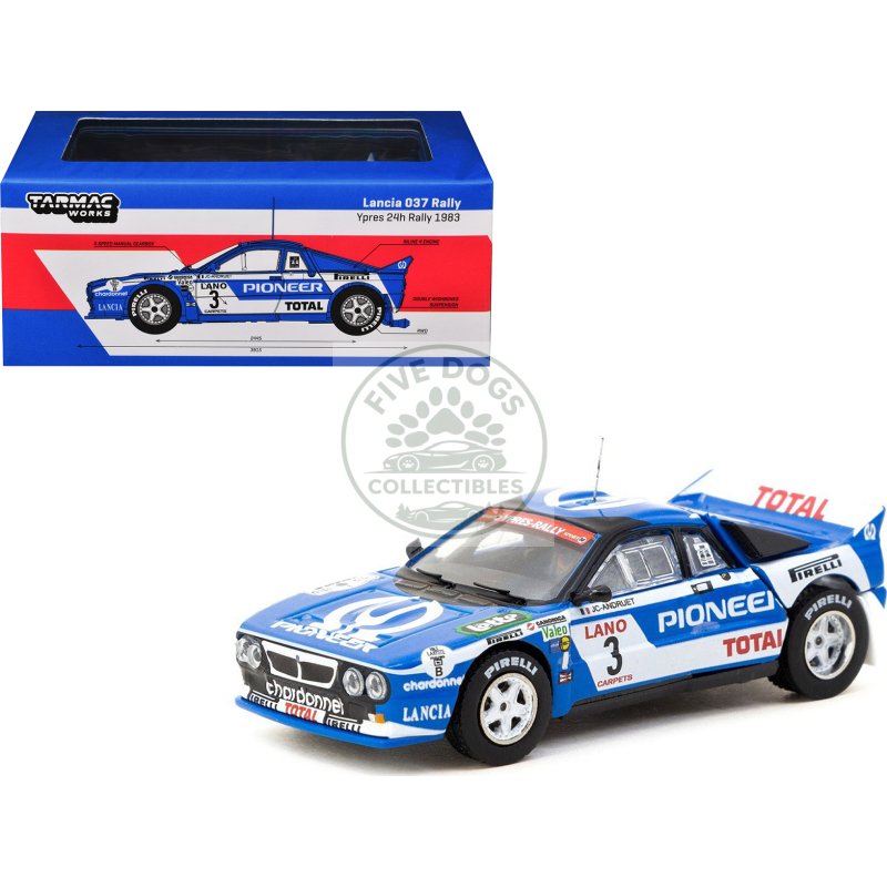 lancia 037 rally #3 jean claude andruet francoise sappey 2nd place "ypres 24 hours rally" (1983) "hobby64+" series 1/64 diecast model car by tarmac works