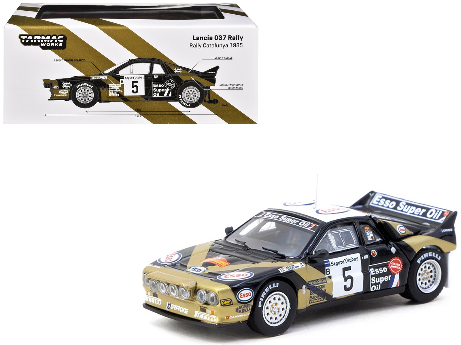 lancia 037 rally #5 fabrizio tabaton luciano tedeschini winner "rally catalunya" (1985) "hobby64+" series 1/64 diecast model car by tarmac works lancia 037 rally #5 fabrizio tabaton luciano tedeschini winner "rally catalunya" (1985) "hobby64+" series 1/64 diecast model car by tarmac works