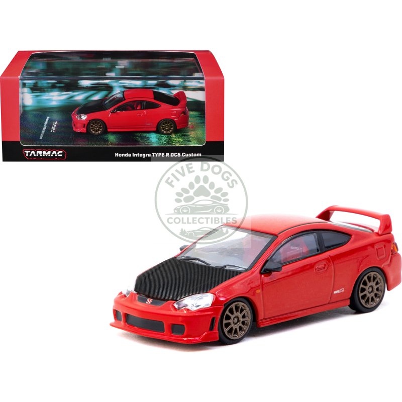 honda integra type r dc5 custom rhd (right hand drive) red with carbon hood "road64" series 1/64 diecast model car by tarmac works