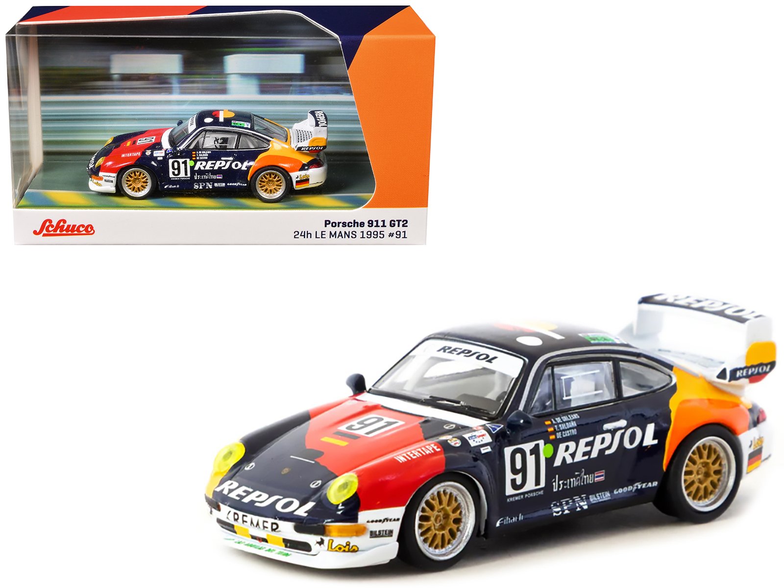porsche 911 gt2 #91 tomas saldana miguel angel de castro prince alfonso de orleans borbon "kremer racing repsol" "24 hours of le mans" (1995) "collab64" series 1/64 diecast model car by schuco & tarmac works porsche 911 gt2 #91 tomas saldana miguel angel de castro prince alfonso de orleans borbon "kremer racing repsol" "24 hours of le mans" (1995) "collab64" series 1/64 diecast model car by schuco & tarmac works
