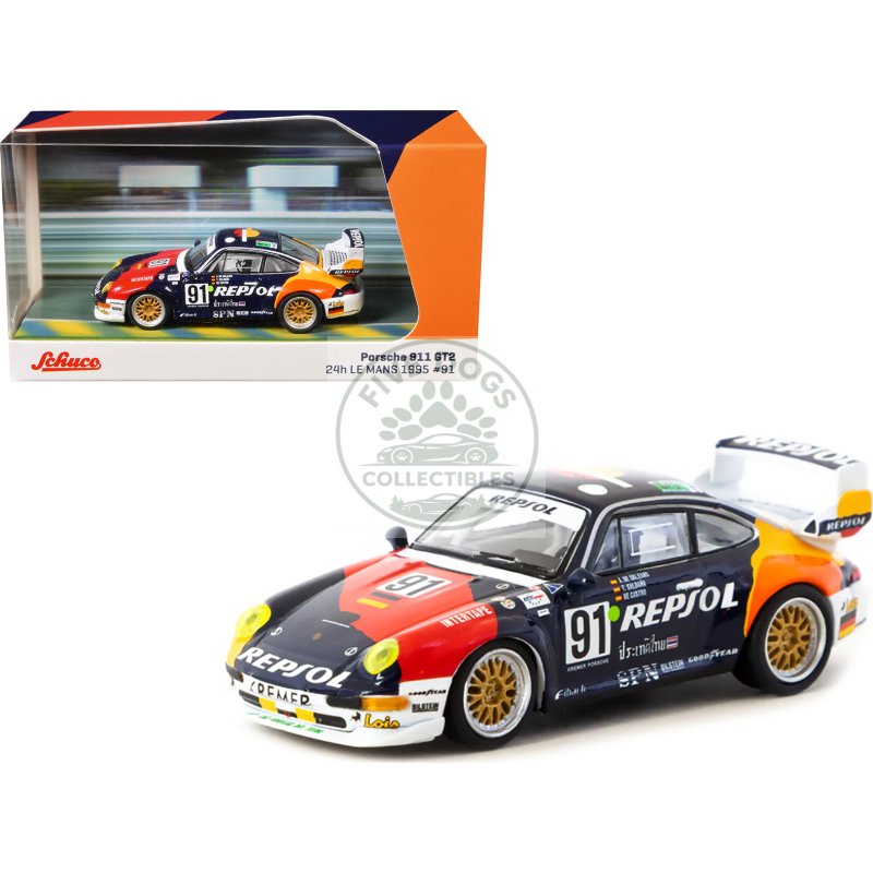porsche 911 gt2 #91 tomas saldana miguel angel de castro prince alfonso de orleans borbon "kremer racing repsol" "24 hours of le mans" (1995) "collab64" series 1/64 diecast model car by schuco & tarmac works