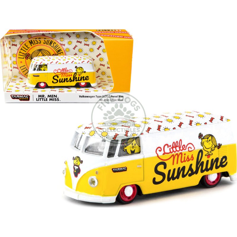 volkswagen type ii (t1) panel van "little miss sunshine" yellow and white "mr. men & little miss" "collab64" series 1/64 diecast model car by schuco & tarmac works