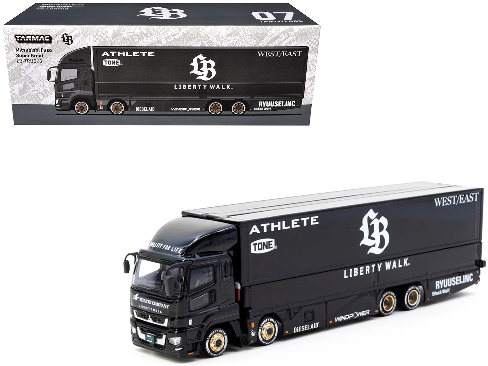 mitsubishi fuso super great truck rhd (right hand drive) with transporter "liberty walk" black "truck64" series 1/64 diecast model car by tarmac works mitsubishi fuso super great truck rhd (right hand drive) with transporter "liberty walk" black "truck64" series 1/64 diecast model car by tarmac works