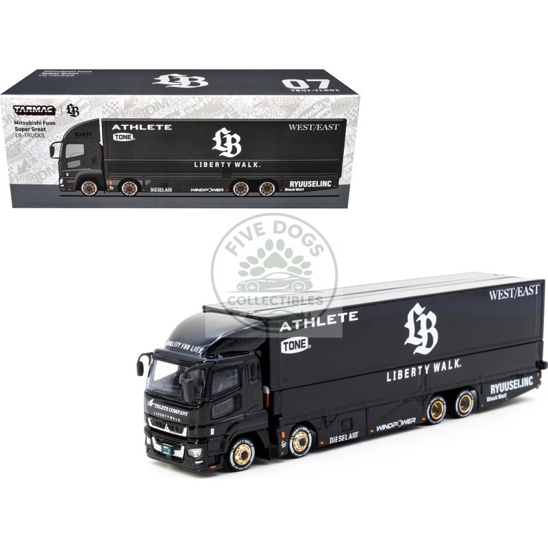 mitsubishi fuso super great truck rhd (right hand drive) with transporter "liberty walk" black "truck64" series 1/64 diecast model car by tarmac works