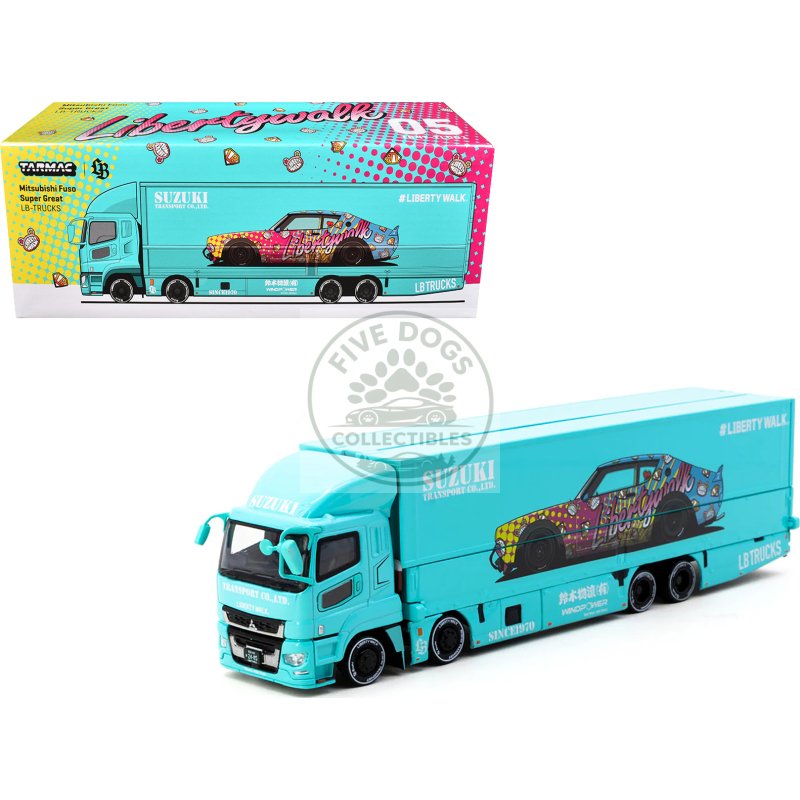 mitsubishi fuso truck with transporter "liberty walk suzuki transport" light blue with graphics "truck64" series 1/64 diecast model car by tarmac works