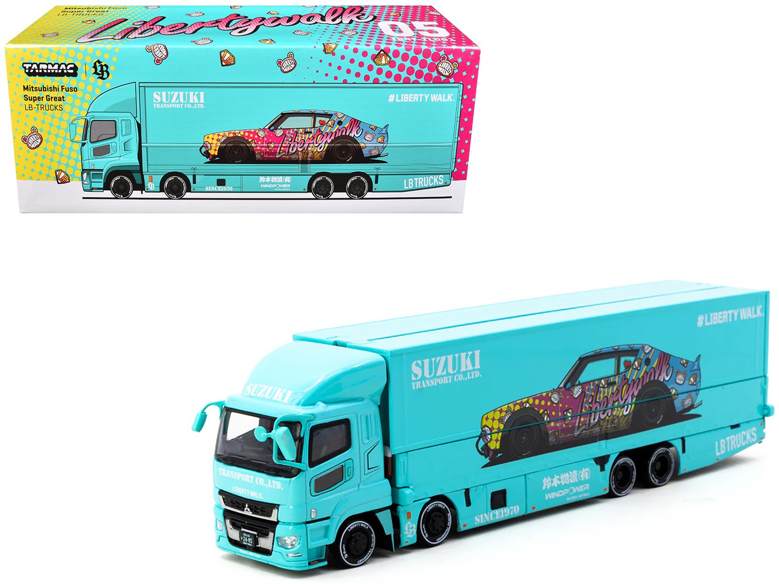 mitsubishi fuso truck with transporter "liberty walk suzuki transport" light blue with graphics "truck64" series 1/64 diecast model car by tarmac works mitsubishi fuso truck with transporter "liberty walk suzuki transport" light blue with graphics "truck64" series 1/64 diecast model car by tarmac works