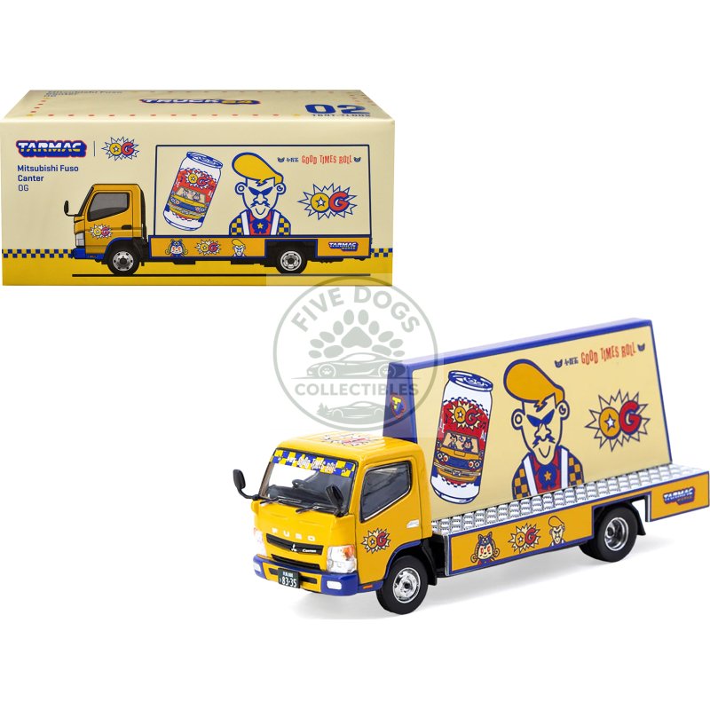 mitsubishi fuso canter mobile ad truck rhd (right hand drive) "og beer" yellow with graphics "truck64" series 1/64 diecast model car by tarmac works