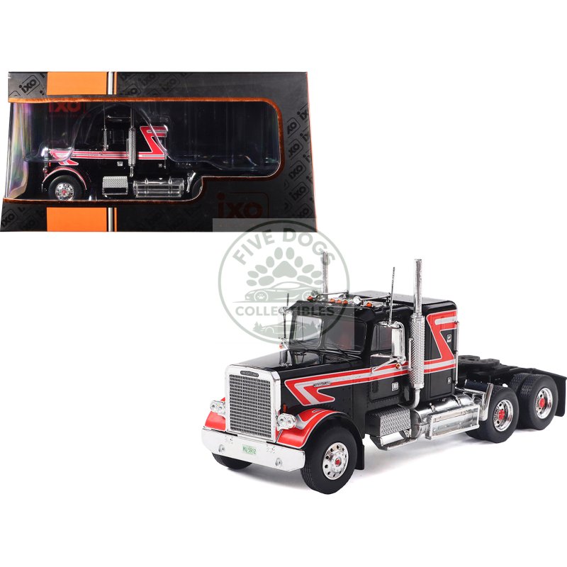 1977 freightliner flc 120 64 t truck tractor black with red and white stripes 1/43 diecast model by ixo models