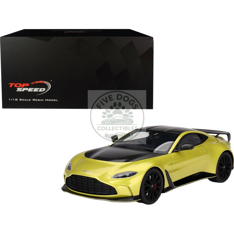 2022 aston martin v12 vantage rhd (right hand drive) cosmopolitan yellow with black hood and top 1/18 model car by top speed