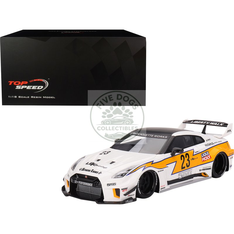 nissan lb silhouette works gt 35gt rr ver.1 rhd (right hand drive) #23 white with yellow stripes "lb racing" 1/18 model car by top speed