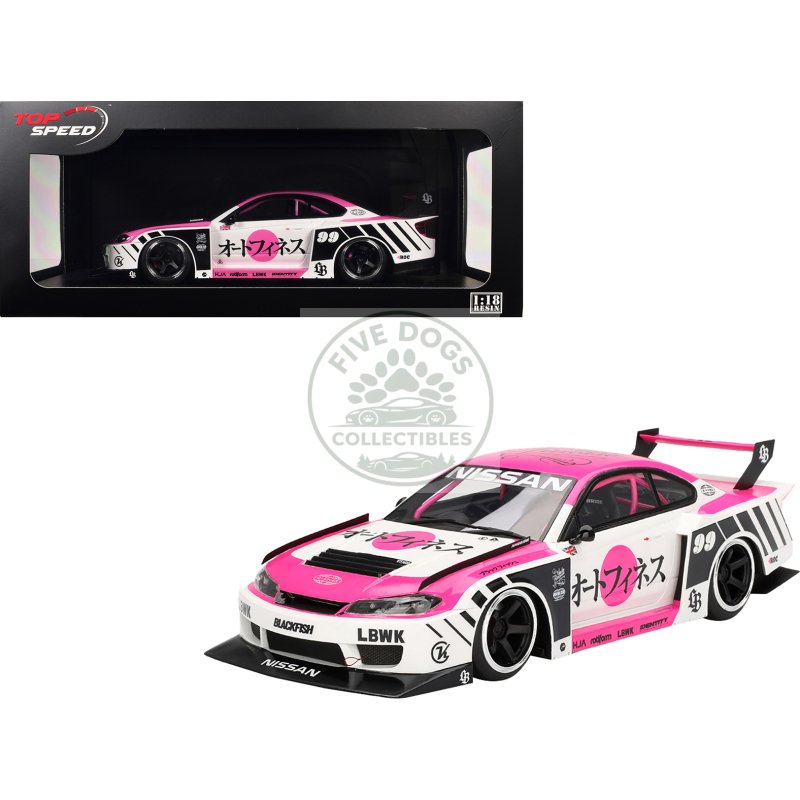 nissan "lb super silhouette" s15 silvia rhd (right hand drive) #99 "auto finesse sema 2023" white and pink 1/18 model car by top speed