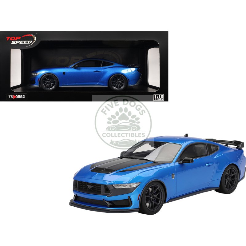 2024 ford mustang dark horse grabber blue metallic with black hood stripes 1/18 model car by top speed