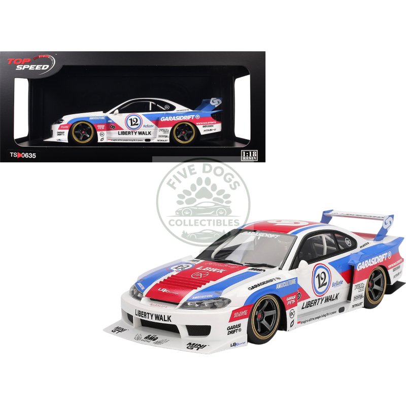 nissan "lb super silhouette" s15 silvia rhd (right hand drive) #12 "garasidrift" white with red and blue graphics 1/18 model car by top speed