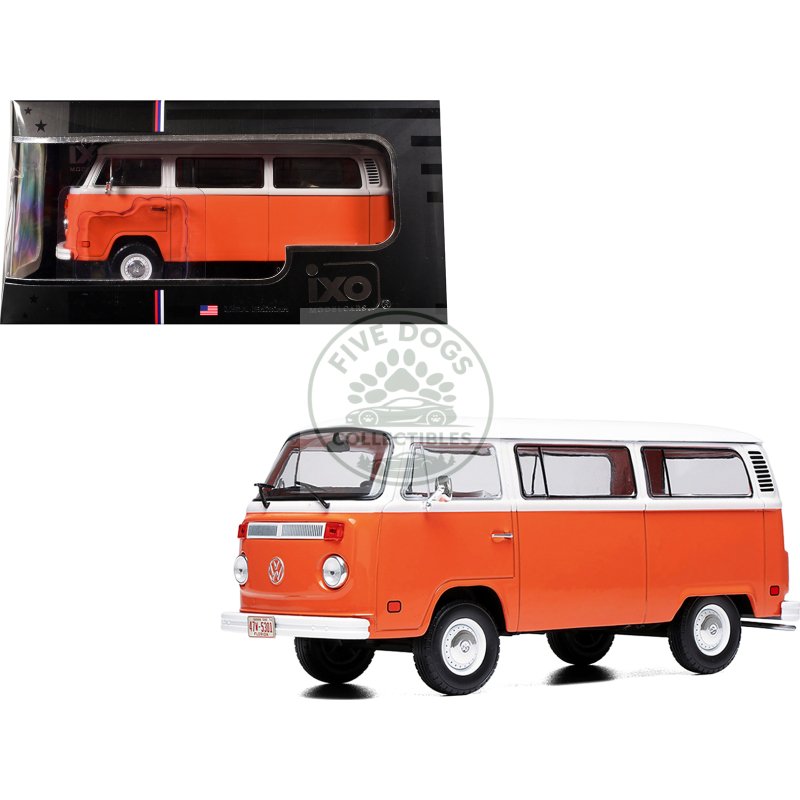1974 volkswagen t2 bus orange and white 1/24 diecast model by ixo models