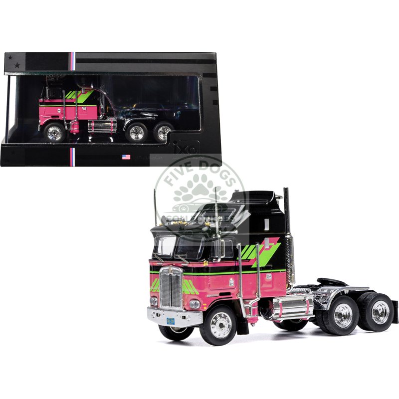 1976 kenworth k100 aerodyne truck tractor black and pink with graphics 1/64 diecast model by ixo models