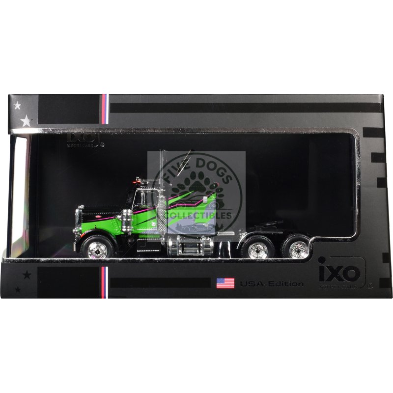 1973 peterbilt 359 truck tractor black and lime green with graphics 1/64 diecast model by ixo models