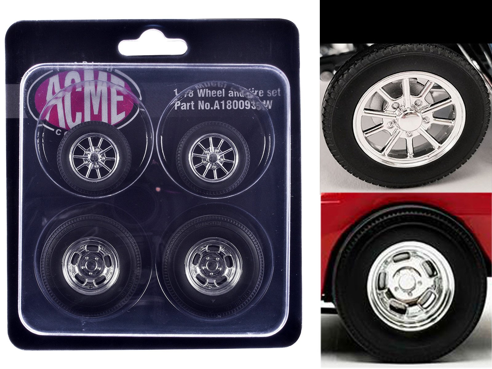 "drag" wheel and tire set of 4 pieces from 1961 chevrolet corvette gasser for 1/18 scale models by acme "drag" wheel and tire set of 4 pieces from 1961 chevrolet corvette gasser for 1/18 scale models by acme