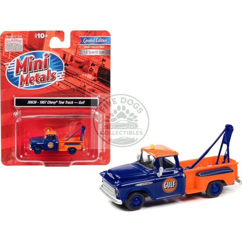 1957 chevrolet stepside tow truck "gulf" blue and orange 1/87 (ho) scale model car by classic metal works
