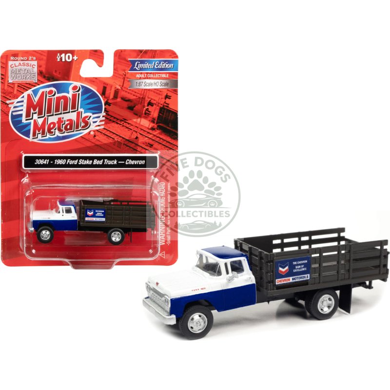 1960 ford stake bed truck "chevron" blue and white 1/87 (ho) scale model car by classic metal works