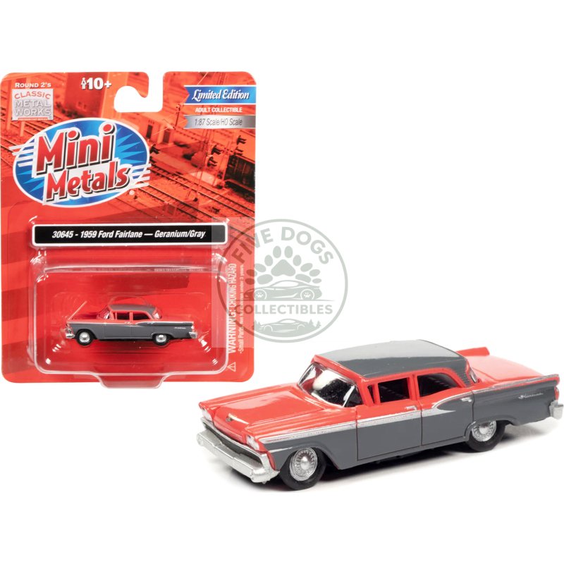 1959 ford fairlane geranium pink and gunsmoke gray 1/87 (ho) scale model car by classic metal works