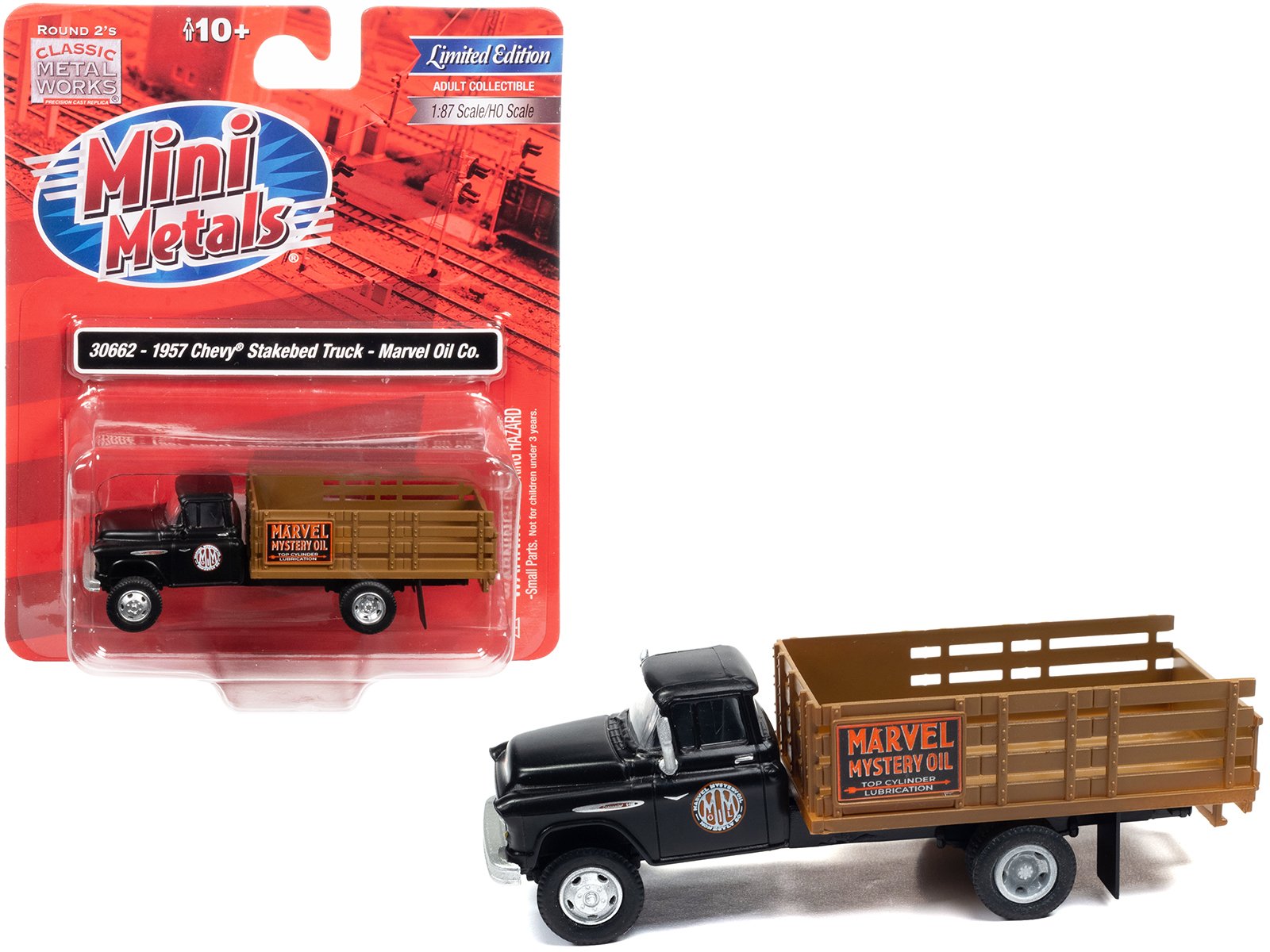 1957 chevrolet stakebed truck matt black "marvel mystery oil co." 1/87 (ho) scale model car by classic metal works 1957 chevrolet stakebed truck matt black "marvel mystery oil co." 1/87 (ho) scale model car by classic metal works