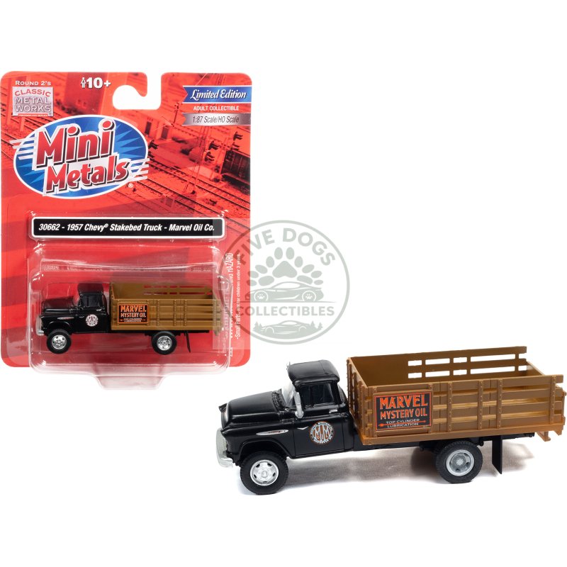 1957 chevrolet stakebed truck matt black "marvel mystery oil co." 1/87 (ho) scale model car by classic metal works