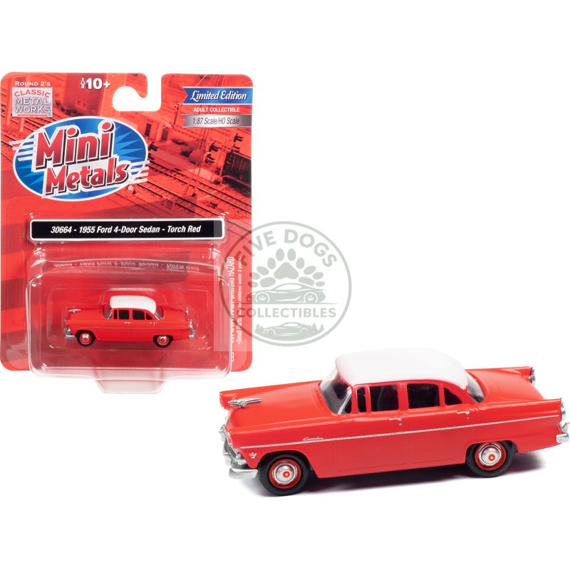 1955 ford 4 door sedan torch red with white top 1/87 (ho) scale model car by classic metal works