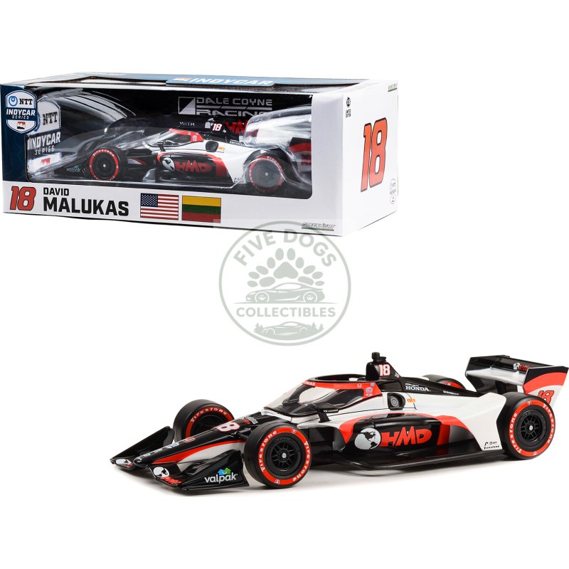 dallara indycar #18 david malukas "hmd trucking" dale coyne racing with hmd motorsports (road course configuration) "ntt indycar series" (2023) 1/18 diecast model car by greenlight