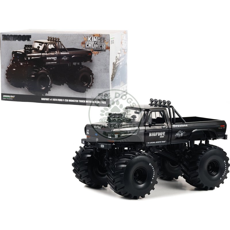 1974 ford f 250 monster truck with 66 inch tires black bandit edition "bigfoot #1" "kings of crunch" series 1/18 diecast model car by greenlight